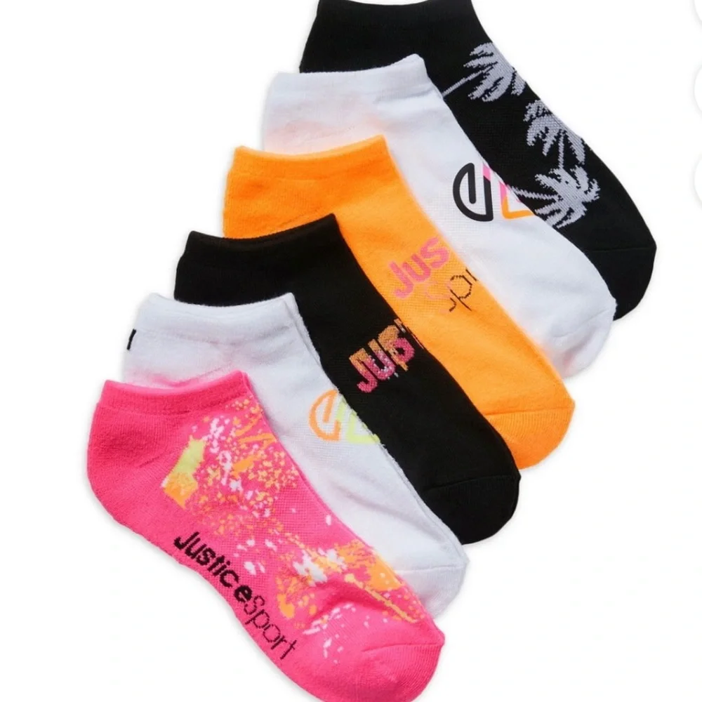 6 PK girl no show sports socks pink black white orange. Size L 4-10